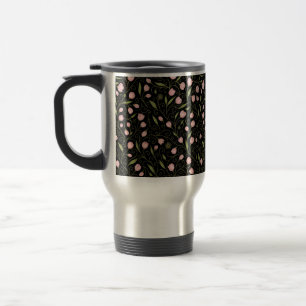 Taza De Viaje Hermosa flor rosa en negro con patrón repetitivo