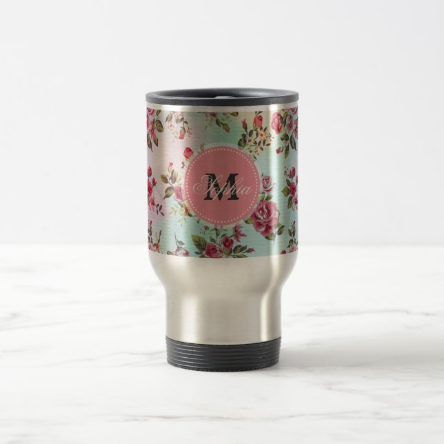 Taza De Viaje Hermosos rosas de monograma de moda para chicas (Centro)