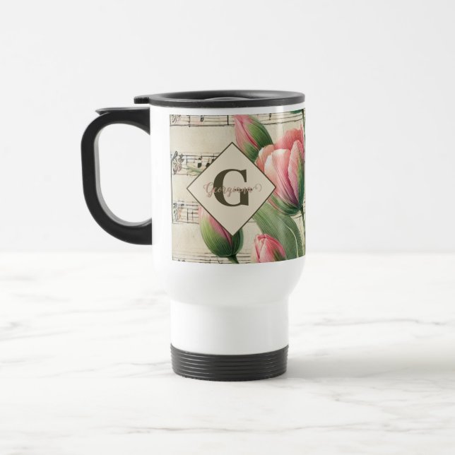 Taza De Viaje Hoja de tulipanes rosados y verdes de monograma (Izquierda)