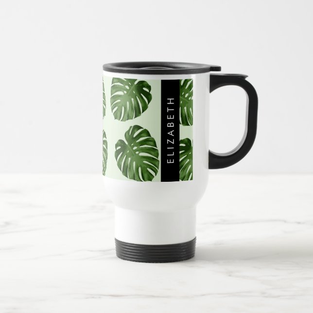 Taza De Viaje Hojas de palma, patrón tropical, nombre (Derecha)