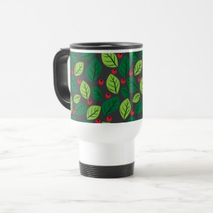 Taza De Viaje Hojas verdes, bayas rojas, patrón de hojas