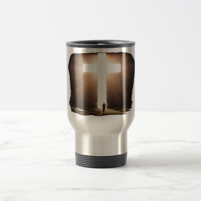 Taza De Viaje Hombre corriendo a la brillante Cruz Cristiana de  (Centro)