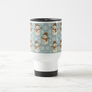 Taza De Viaje hombres de nieve y copos de nieve azules vintage