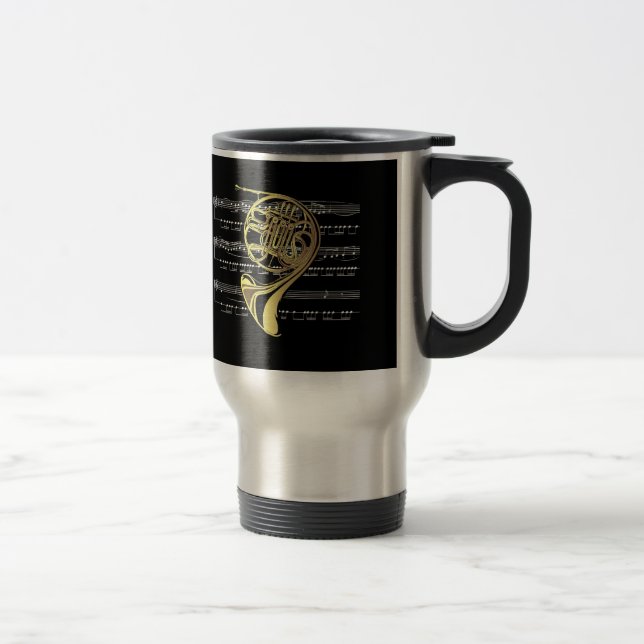 Taza De Viaje Horn francés con música de hojas ~ fondo negro (Derecha)
