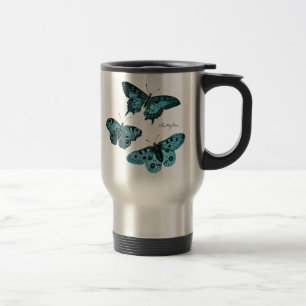 Taza De Viaje Ilustracion azul verde azulado de la mariposa del