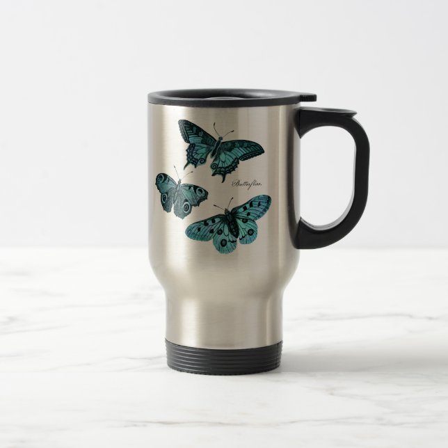 Taza De Viaje Ilustracion azul verde azulado de la mariposa del (Derecha)