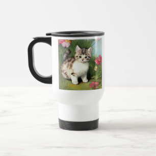 Taza De Viaje Ilustracion de gato vintage con flores rojas