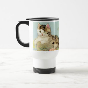 Taza De Viaje Ilustracion de gato vintage con flores rosas