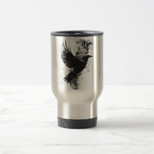 Taza De Viaje Ilustración Gótica de Cuervo: Humo y Plumas