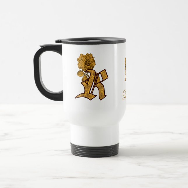 Taza De Viaje Inicial de monograma R Elegante Peonía Dorada Pers (Izquierda)