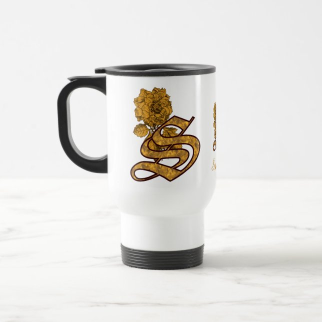 Taza De Viaje Inicial de monograma S elegante peonía dorada pers (Izquierda)