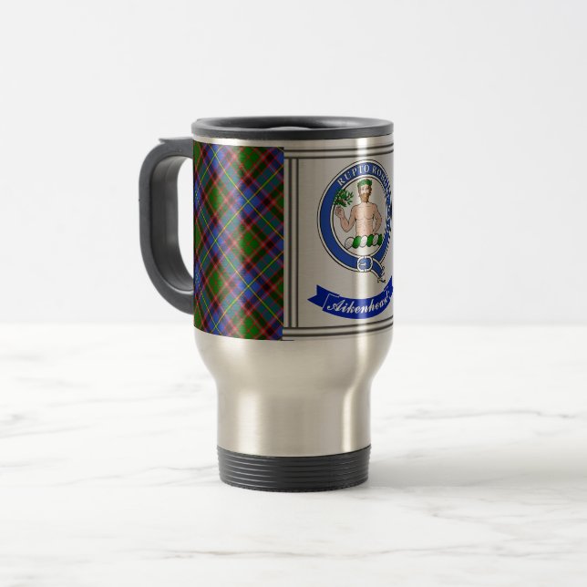 Taza De Viaje Insignia de clan Aikenhead y Tartán personalizado (Anverso izquierdo)