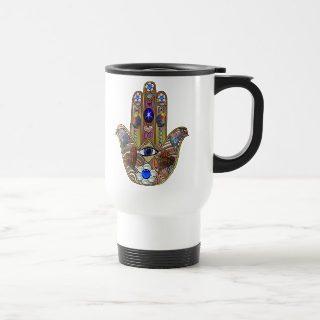 Taza De Viaje Judaica Hamsa Hearts Flowers Opal Art Print (Derecha)