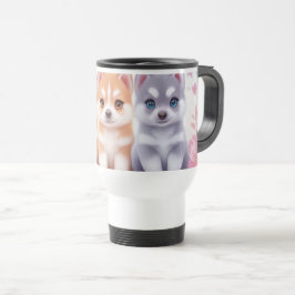 Taza De Viaje Kawaii Husky Cachorros: Café Pastel Pals