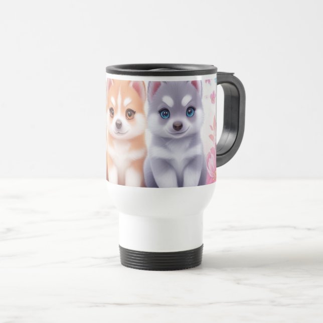 Taza De Viaje Kawaii Husky Cachorros: Café Pastel Pals (Anverso derecho)