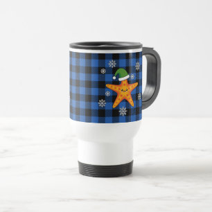 Taza De Viaje Kawaii Navidad Starfish en patrón de búfalo azul