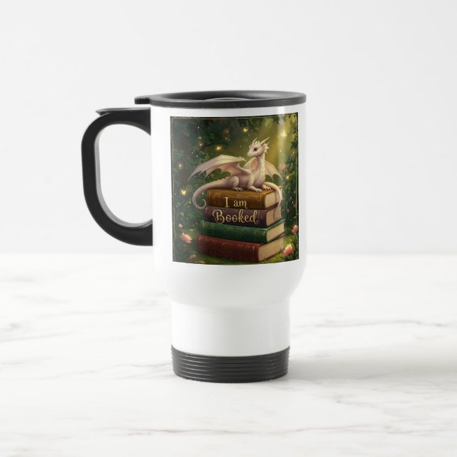 Taza De Viaje koffiebeker  draak op stapel boeken - I am booked (Izquierda)