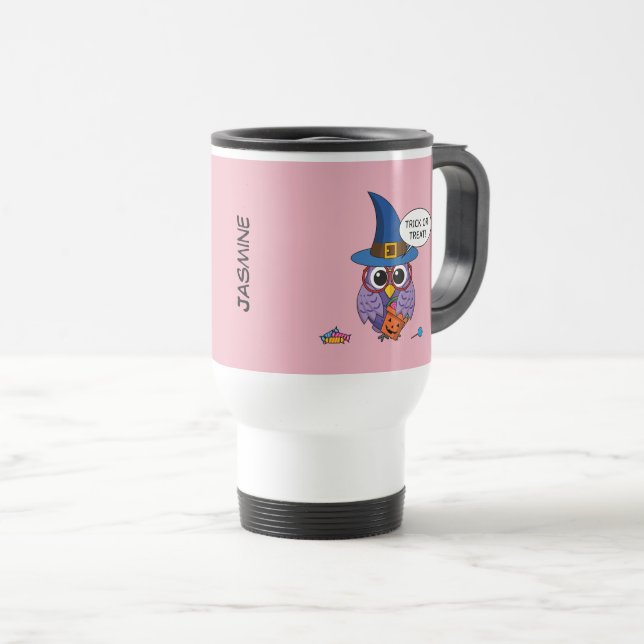 Taza De Viaje Lechuza del asistente del personalizado - Truco o  (Anverso derecho)