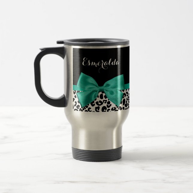 Taza De Viaje Leopard Print Emerald Green Ribbon Bow Nombre Moda (Izquierda)