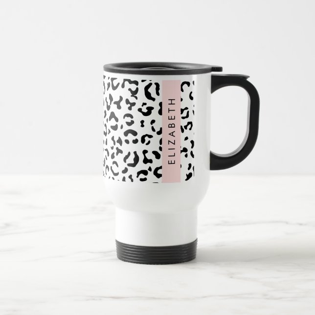 Taza De Viaje Leopard Print, Spots, Black And White, Tu Nombre (Derecha)