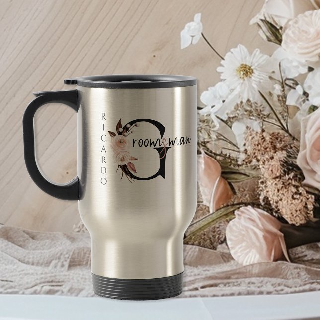 Taza De Viaje Letra boho floral groomsman (Personalized Groomsman travel mug with boho floral letters)