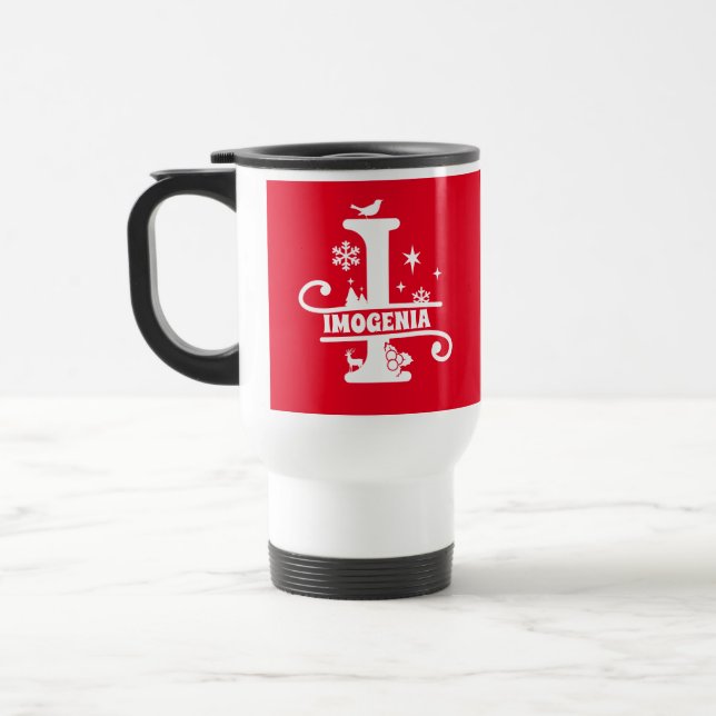 Taza De Viaje Letra I Navidades Monograma Nombre inicial rojo (Izquierda)