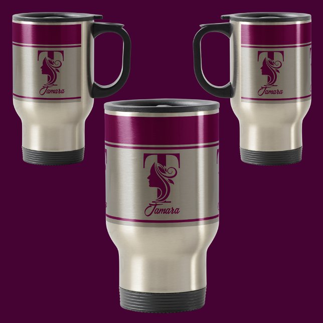 Taza De Viaje Letra monograma (T) de nombre rosado con estilo pe (Subido por el creador)