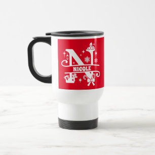 Taza De Viaje Letra N Navidades Monograma Nombre inicial rojo