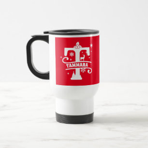 Taza De Viaje Letra T Navidades Monograma Nombre inicial rojo