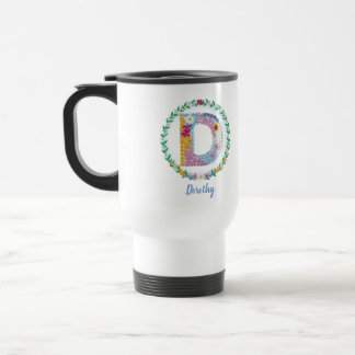 Taza De Viaje Letras florales iniciales "D" con nombre personali
