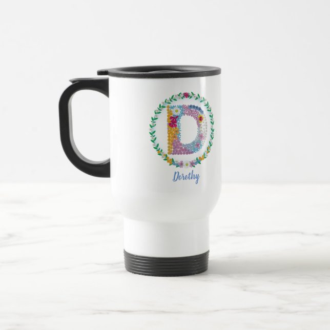 Taza De Viaje Letras florales iniciales "D" con nombre personali (Izquierda)