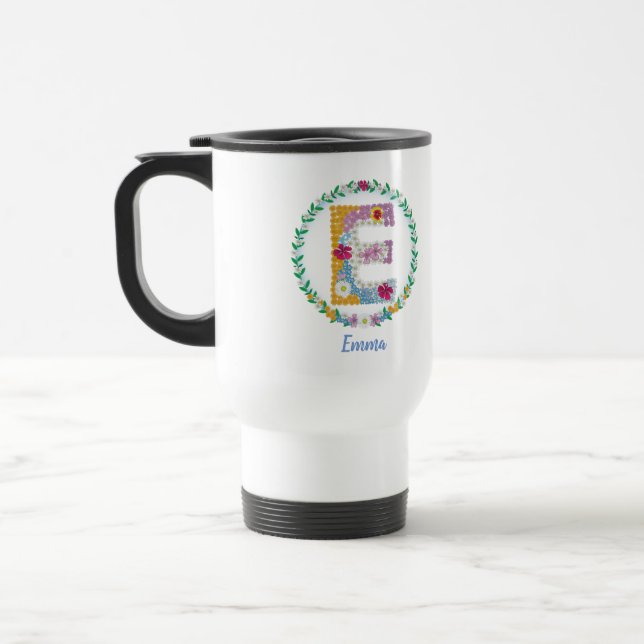Taza De Viaje Letras florales iniciales "E" con nombre personali (Izquierda)