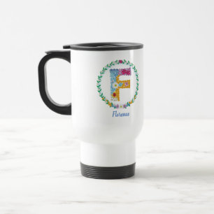 Taza De Viaje Letras florales iniciales "F" con nombre personali