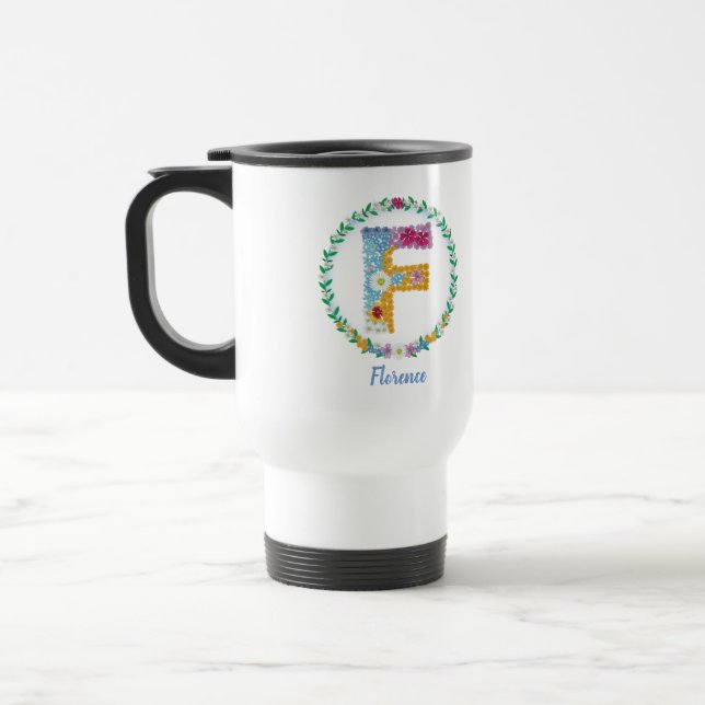 Taza De Viaje Letras florales iniciales "F" con nombre personali (Izquierda)