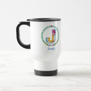 Taza De Viaje Letras florales iniciales "J" con nombre personali