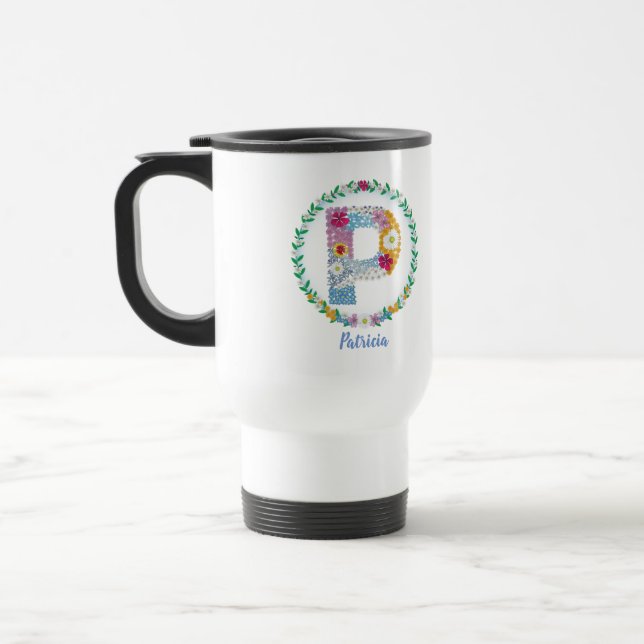 Taza De Viaje Letras florales iniciales "P" con nombre personali (Izquierda)