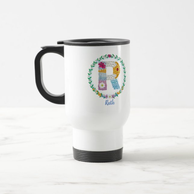 Taza De Viaje Letras florales iniciales "R" con nombre personali (Izquierda)