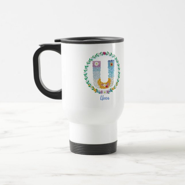 Taza De Viaje Letras florales iniciales "U" con nombre personali (Izquierda)