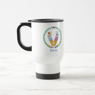 Taza De Viaje Letras florales iniciales "V" con nombre personali
