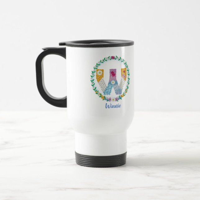 Taza De Viaje Letras florales iniciales "W" con nombre personali (Izquierda)