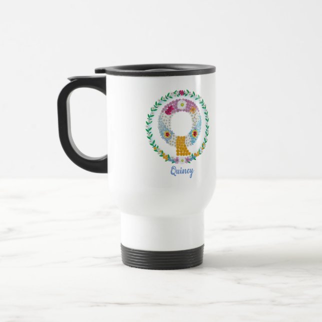 Taza De Viaje Letras florales "Q" iniciales con nombre personali (Izquierda)