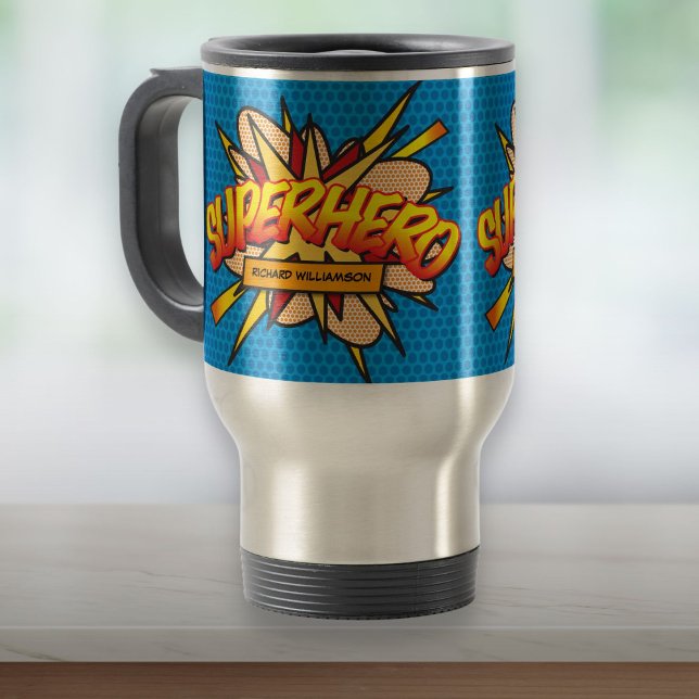 Taza De Viaje Libro de historietas personalizado SUPERHERO (Personalized Comic Book SUPERHERO Travel Mug)
