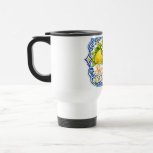Taza De Viaje Limon Mediterráneo de Azulejo – Arte acuarela con
