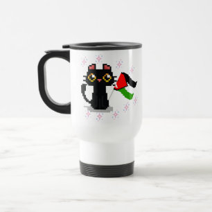 Taza De Viaje lindo gato negro sostiene la bandera de Palestina