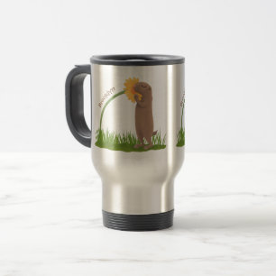 Taza De Viaje Lindo perro de la pradera oliendo flor caricatura