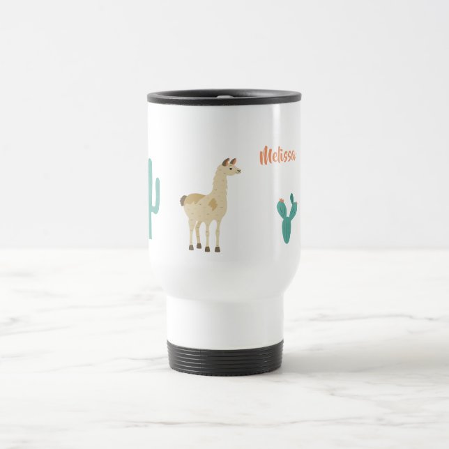 Taza De Viaje Llama y cactus en blanco añaden un nombre (Centro)