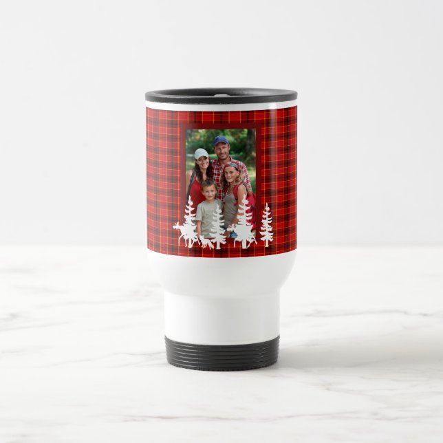 Taza De Viaje Lumberjack patrón de yeso rojo con foto familiar (Centro)