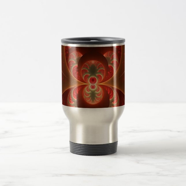 Taza De Viaje Luminoso abstracto moderno naranja rojo Fractal (Centro)