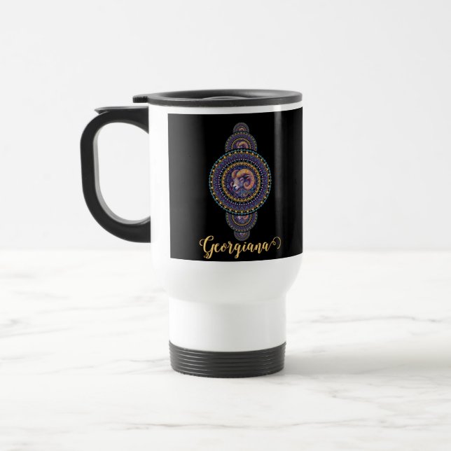 Taza De Viaje Mandala ornamental Aries Whimsical Personalizada (Izquierda)