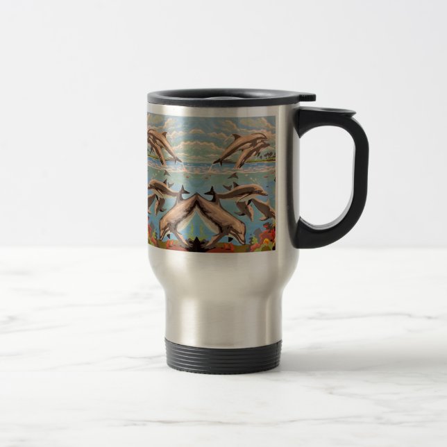 Taza De Viaje Mano Pintada Por Número | Delfines lúdicos | (Derecha)